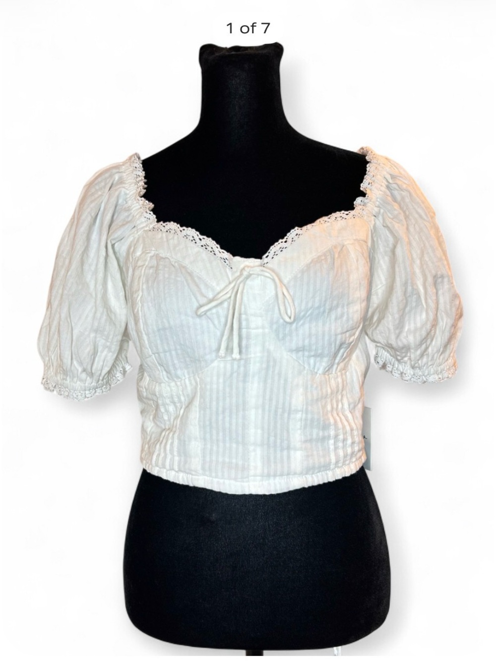 Japna White Lace-Trim Peasant Crop Top M, with Puff Sleeves NWT